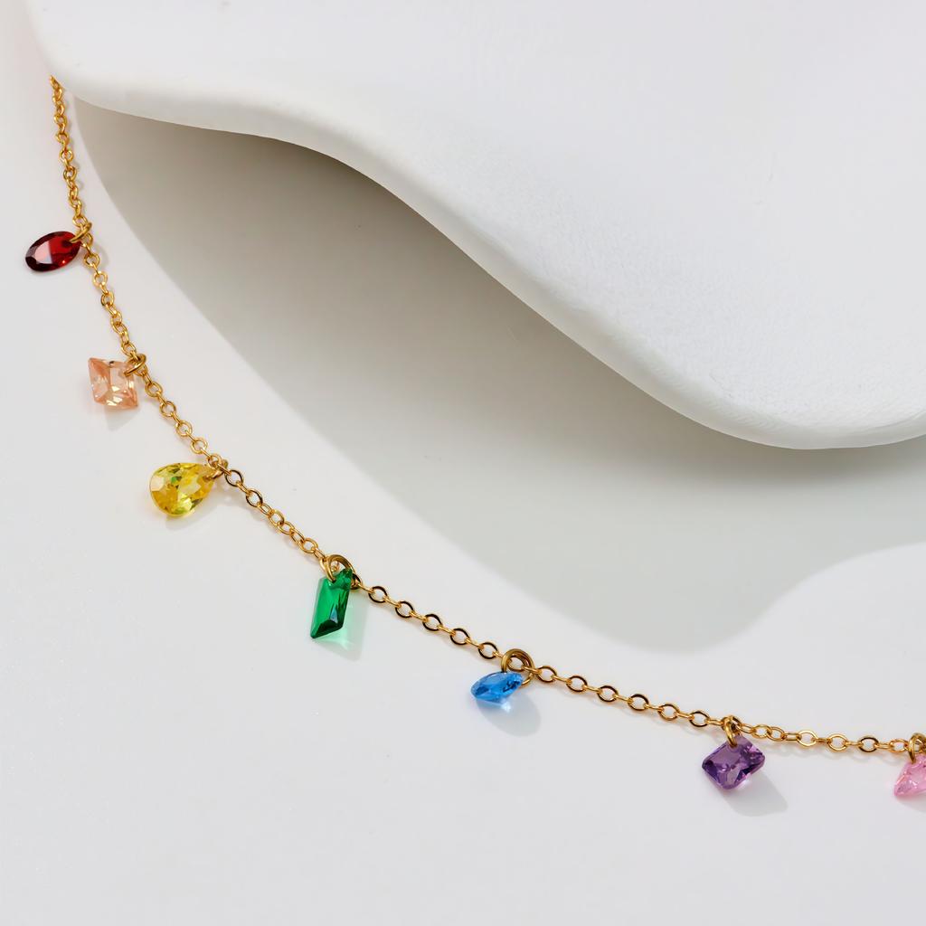 Colorful Summer Dream, Colored Zircon Necklace, Girl Stainless Steel O-Shaped Necklace Does Not Fade