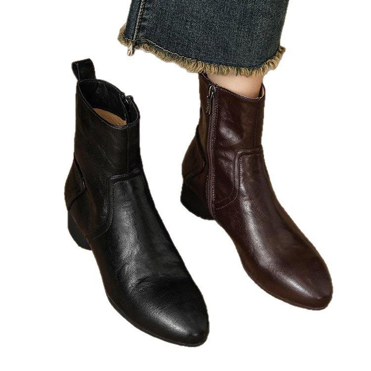 Autumn and winter soft leather pointed retro flat-bottomed small short cotton boots soft-soled Chelsea boots low-heeled slim and bare boots