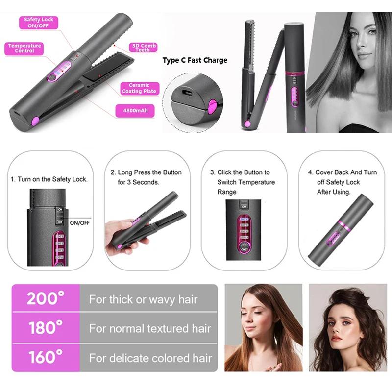 2-IN-1 Cordless Electric Heating Hair Straightener Rechargeable Travel  Double Use Straight Hair Straightener And Curling Iron