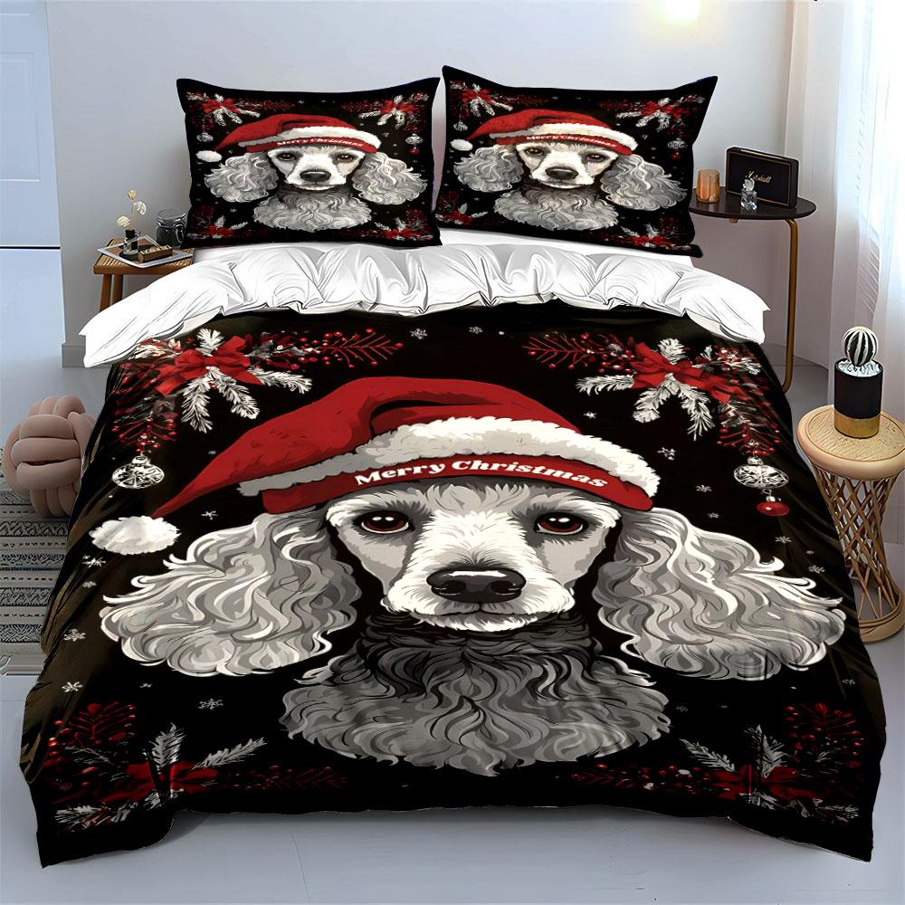 White dog, Santa hat. Bedding sets Duvet cover sets Duvet covers Pillowcases(1 * Duvet Cover 2 * Pillowcases without duvet insert)