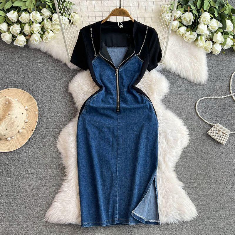 

Визуально стройнящая талию, ощущение стройности, джинсовое платье, короткое, лоскутный дизайн, молния, V-образный вырез, короткий рукав, высокая джинсовая юбка Black and Blue 3XL