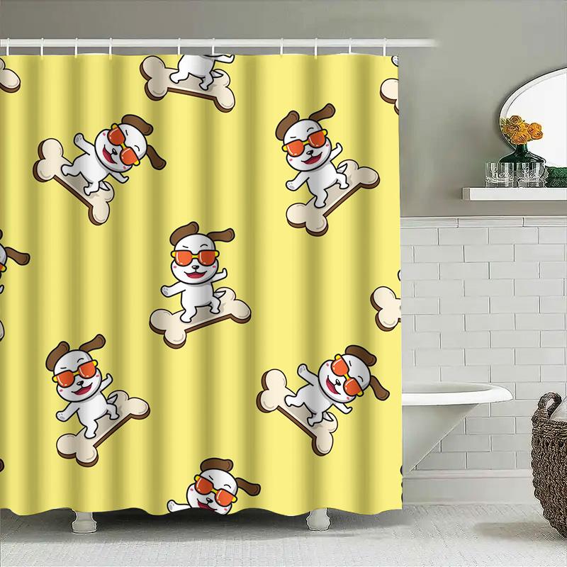 

Pet-Friendly Dog Shower Curtain With Cartoon Design For Bathroom Decor Yellow Color Scheme Featuring Skateboarding Dogs On Bones W60H190(CM)-1 Pcs