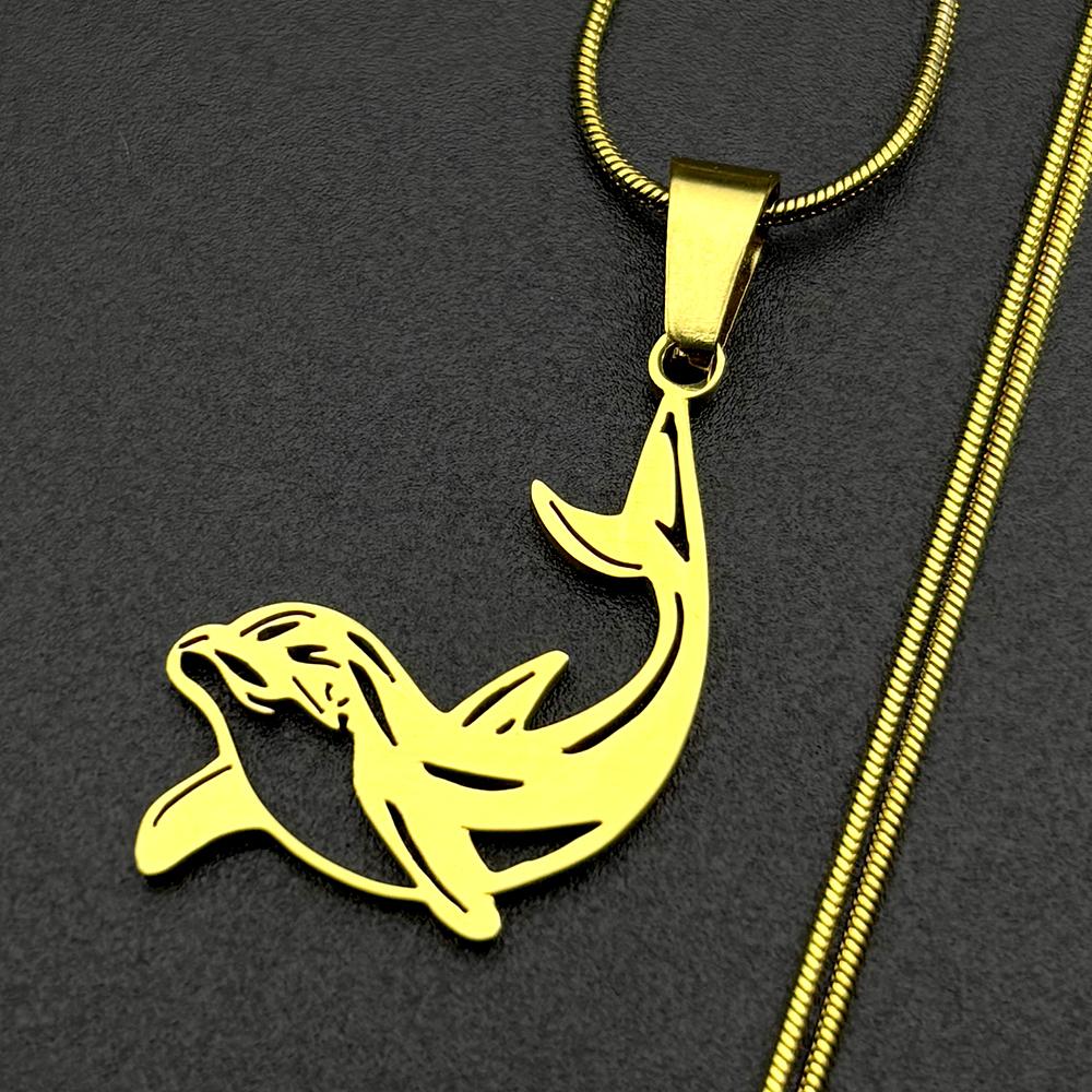 Jumping Dolphins Figure Chain For Women Men Stainless Steel Gold Color Ocean Life Animal Cute Pendant Necklace Jewelry Gifts