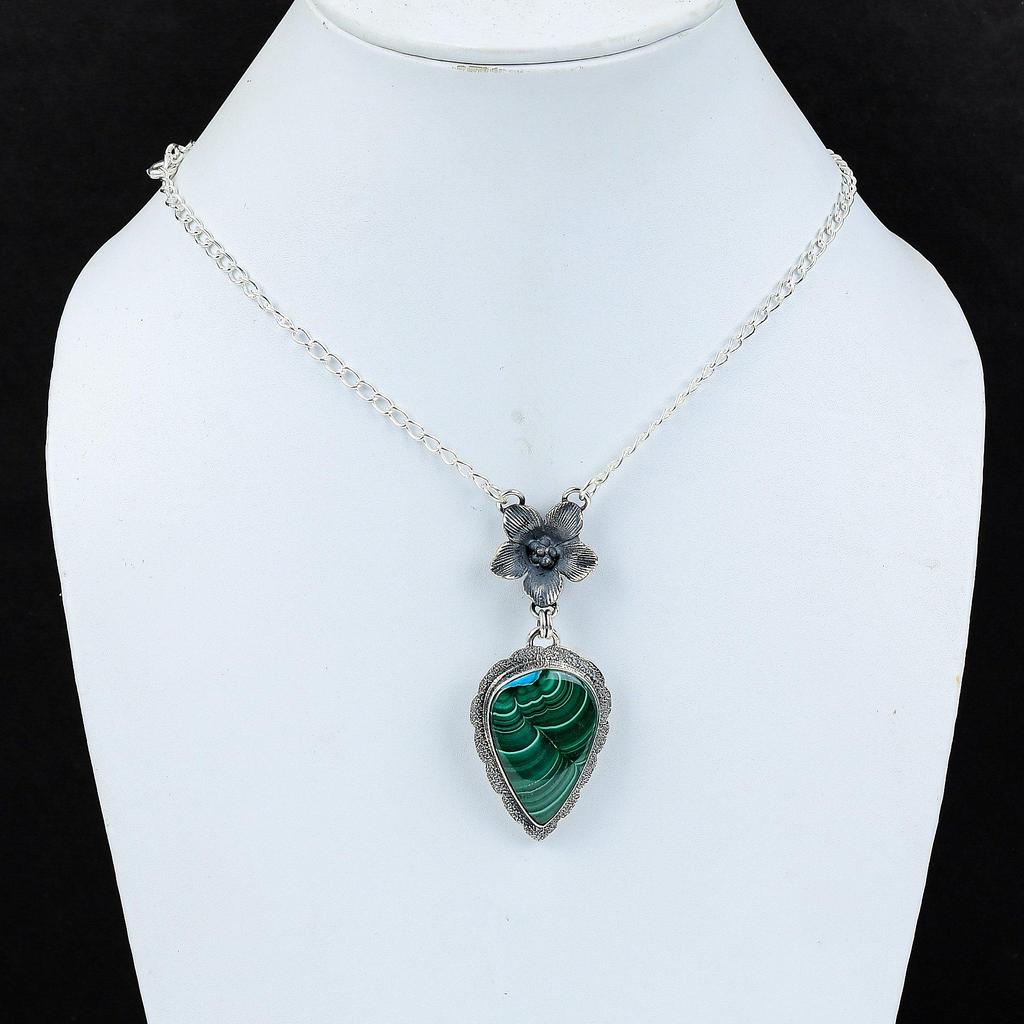 Natural Malachite Gemstone Handmade 925 Sterling Silver Electroform Flower Necklace, Malachite Silver For Wife Unisex Pendant Esater Gifts