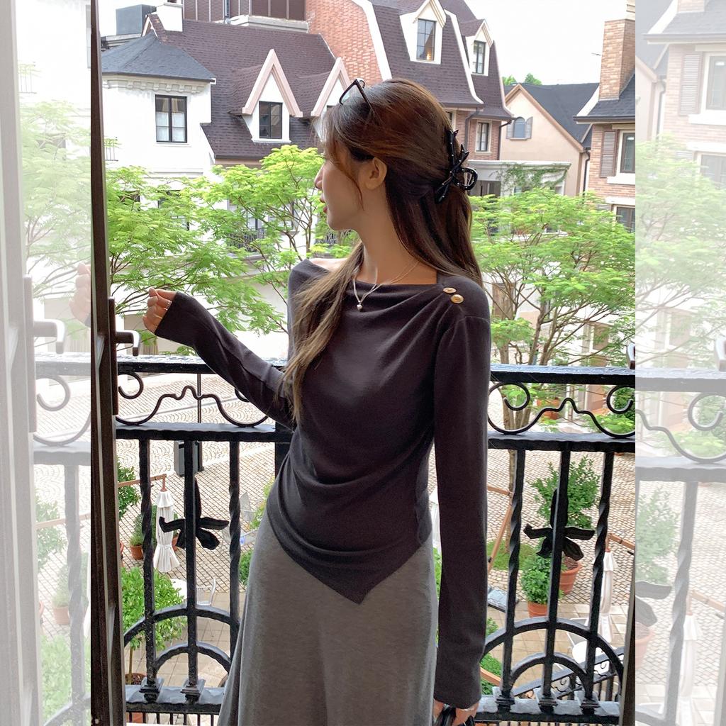 Gray one-word neck off-the-shoulder long-sleeved T-shirt for early autumn wear, pleated waist bottoming shirt, top inside, women's clothing