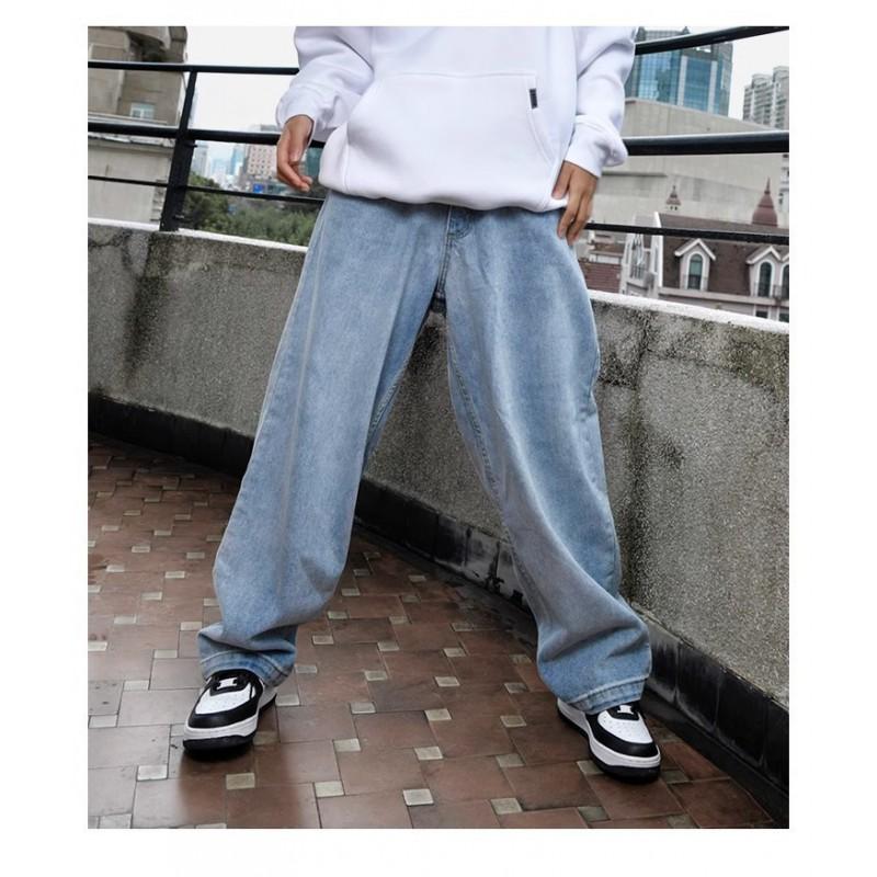 Mens Relaxed Straight Fit Denim Jeans Hip Hop Streetwear Skateboard Pants Cotton Mid-Rise Washed