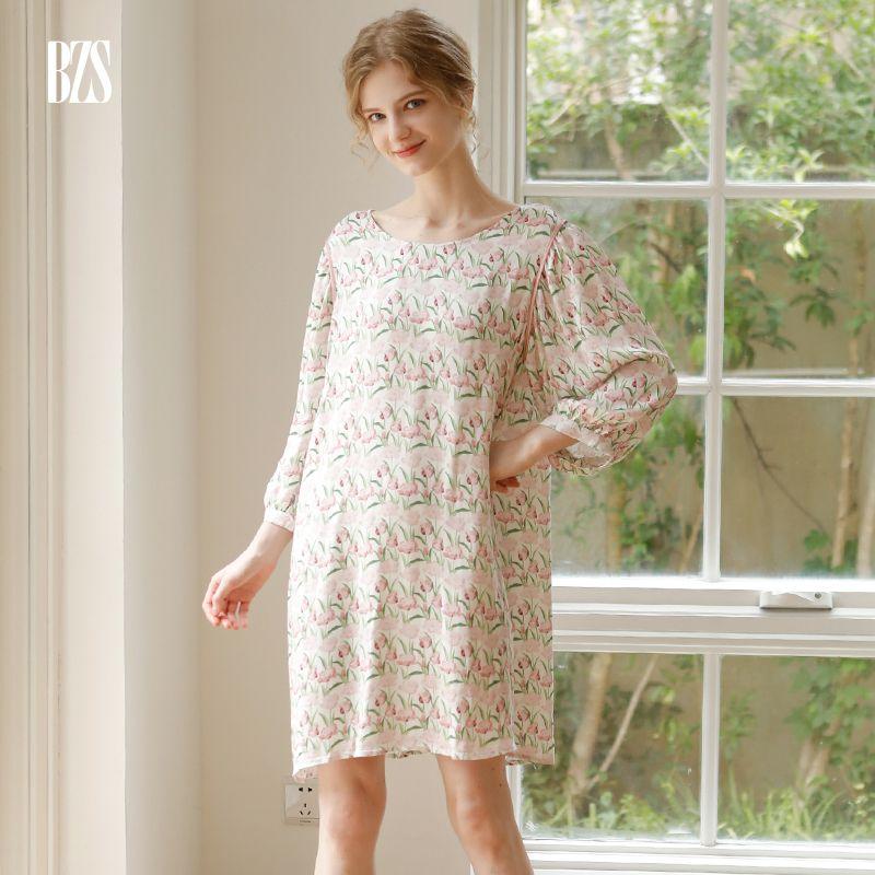 

2024 New Arrival Long Sleeves Artificial Cotton Nightdress Women Mid-Length Pajamas Slim Looking Casual and Comfortable Can Be Outerwear Homewear Nightdress L [recommend 60.00 kg-67.50 kg]]