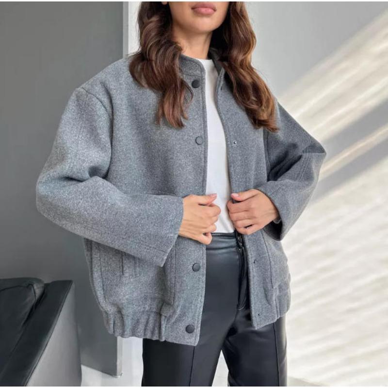Women Casual Loose Long Sleeve Stand Collar Woolen Jacket Coat With Buttons Pockets