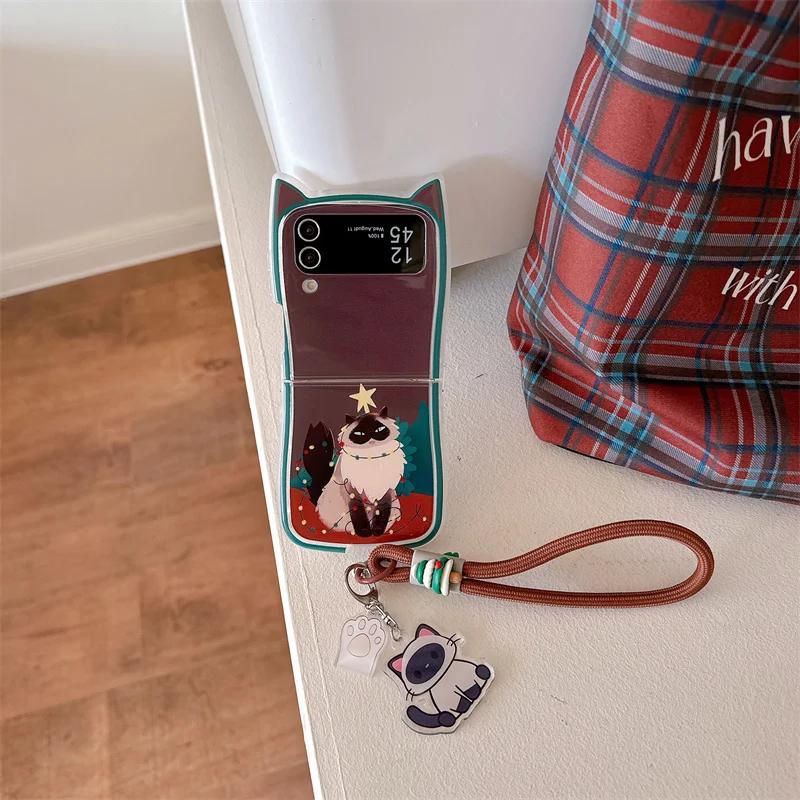 For Samsung Galaxy Z Flip 6 5 4 3 Case ZFlip6 Z Flip6 ZFlip 6 Cute Christmas Cat Pendant Lanyard Cat Ears Shockproof Cover