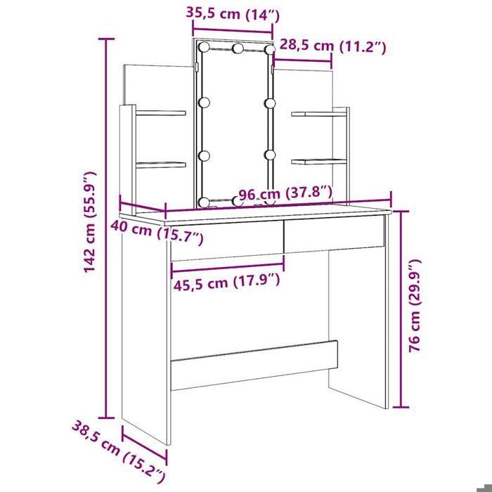 VidaXL Dressing Table with LED Lights Old Wood 96x40x142 Cm, Makeup Table, Jewelry Table, Dressing Table with Mirror, 857025