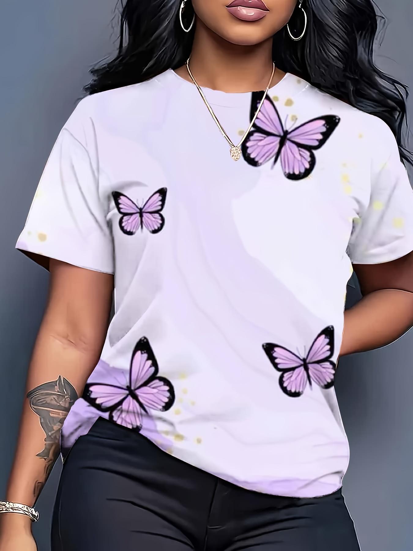 

Women S Oversized Butterfly Print T-Shirt - Light Purple And Pink Short-Sleeve Round-Neck Casual Summer Top. Made of Soft And Breathable Fabric. Plus- 2XL дубильна кора