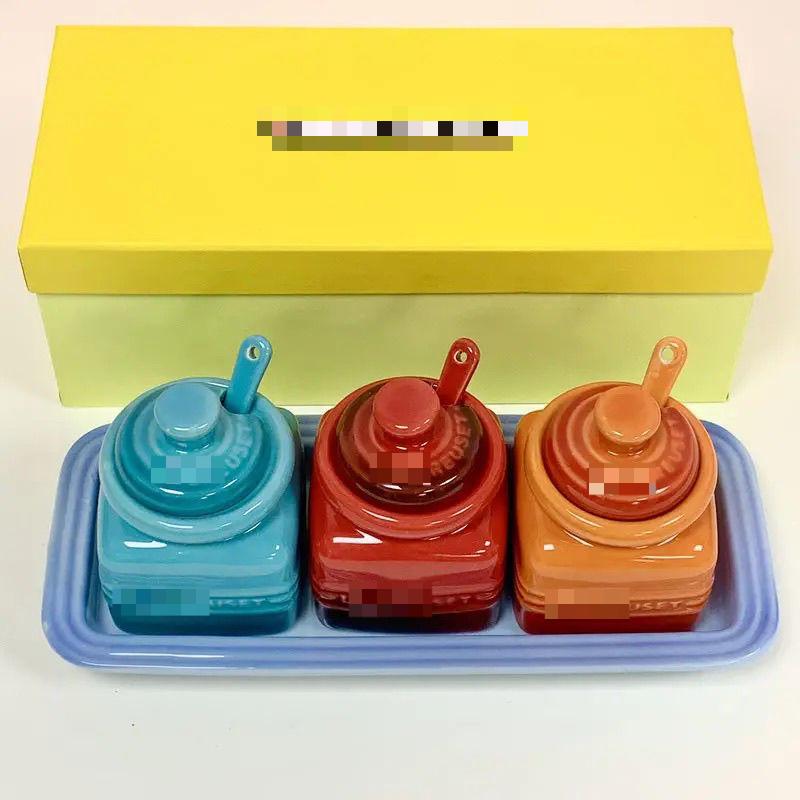 Französisches Gewürzsalzdosen-Set, Küchenkeramikgläser, allmähliche Farbänderung, Haushaltsgewürzbox, Flaschen mit Löffel