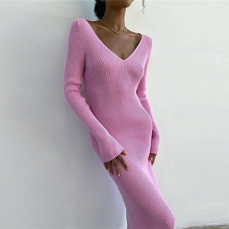 French Style Backless Women Party Dresses 2023 Autumn Vintage V Neck Slim Fit Winter Elegant Female Knitted Long Dress 29295