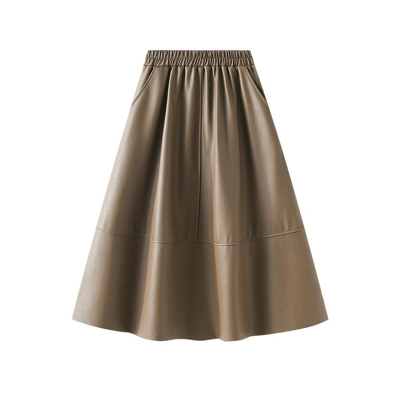 Qooth Autumn Winter Elastic Waist PU Leather Skirt  Casual Slim A-line Mid Length Skirt with Pocket QT2529
