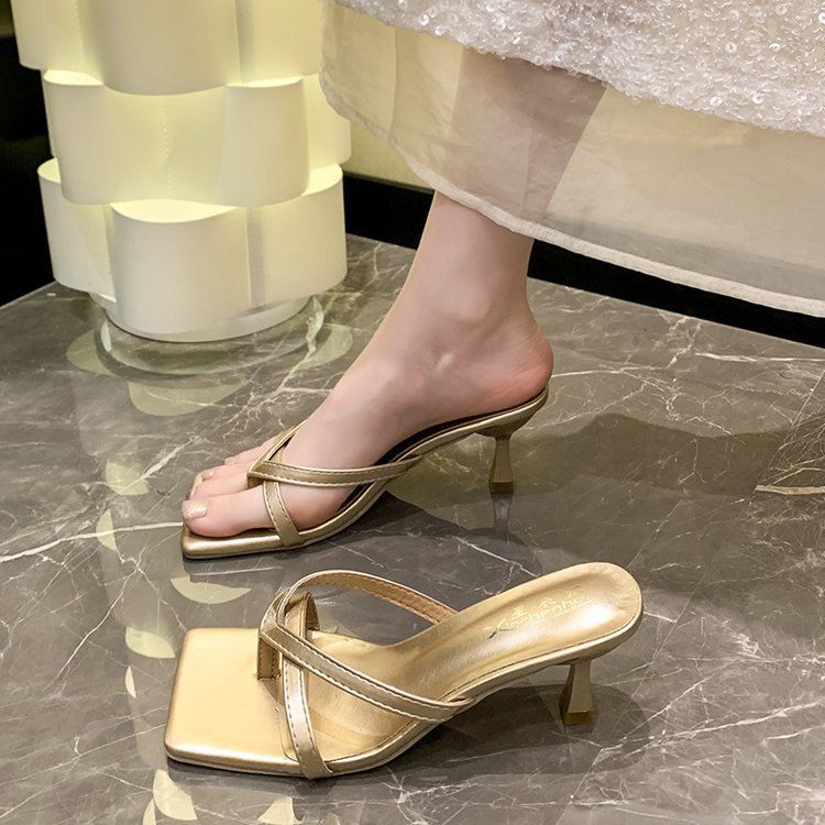 2025 summer new French toe sandals thin heel slippers women wear cool slippers square head high heel flip-flops