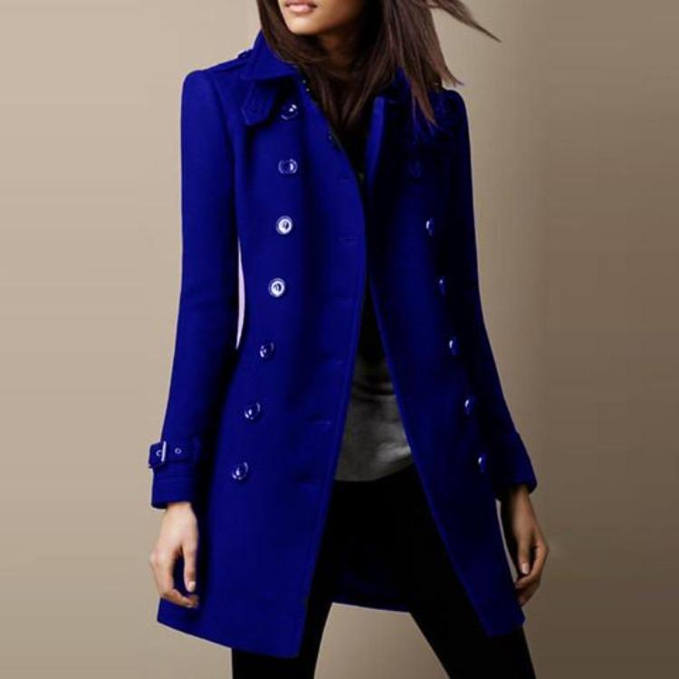 Women Double Breasted Woolen Coat Mid Length Solid Color Lapel Long Sleeve Streetwear Suit Jacket Autumn Winter