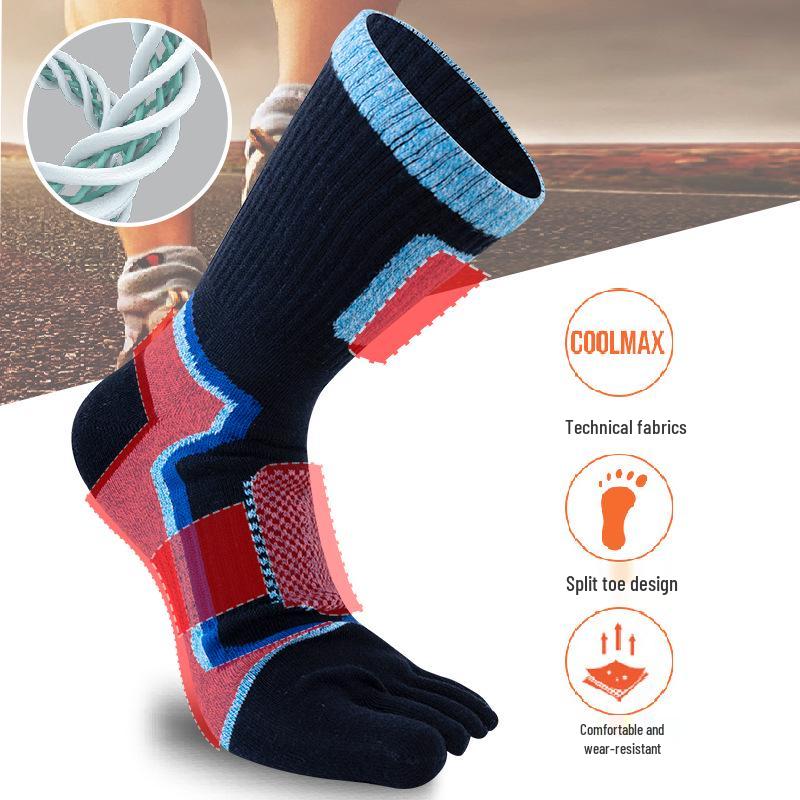 Chaussettes de sport en coton à cinq doigts pour hommes - Respirantes, absorbant la transpiration, mi-mollet, grande taille, orteils anti-odeur