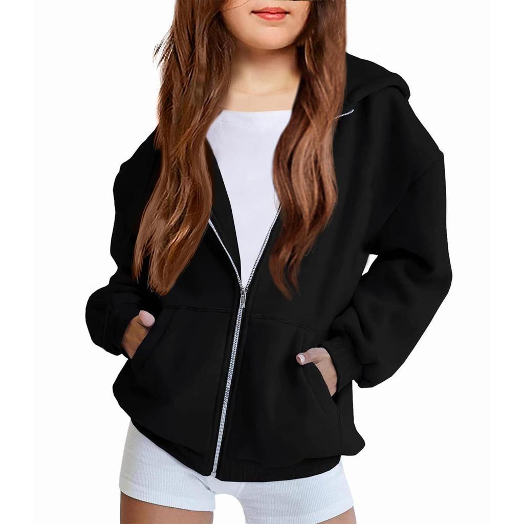 Children's Relaxed-Fit Zipper Hooded Sweatshirt Jacket Solid Color Hoodie With Pockets