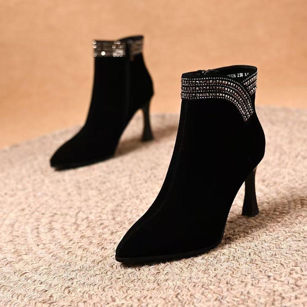 Autumn and winter new retro fashion thin heel pointed Martin boots women's fashion high heel cotton boots