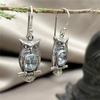 Vintage Silver Color Metal Carving Owl Earrings Originality Roung Inlaid Sea Blue Stone Dangle Earrings