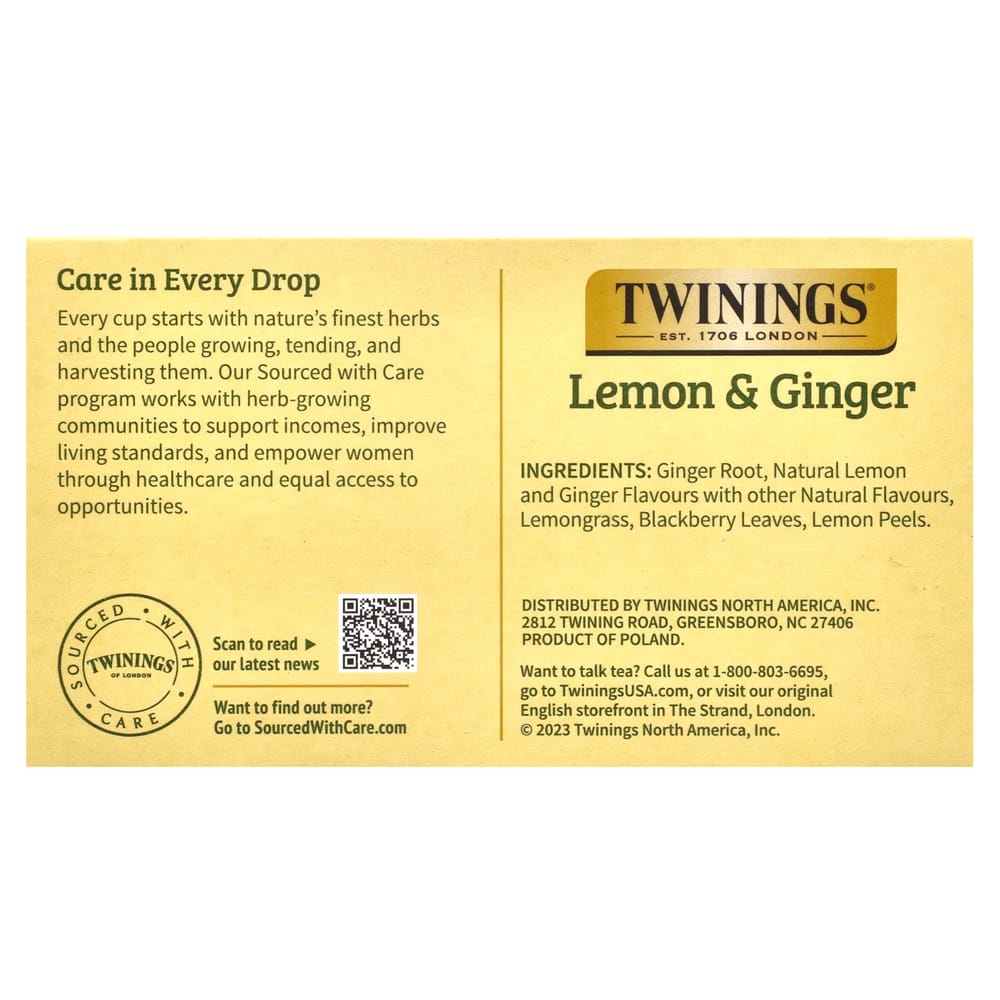 Twinings Herbal Tea, Lemon & Ginger, Caffeine-Free, 50 Tea Bags, 75g (2.65oz)