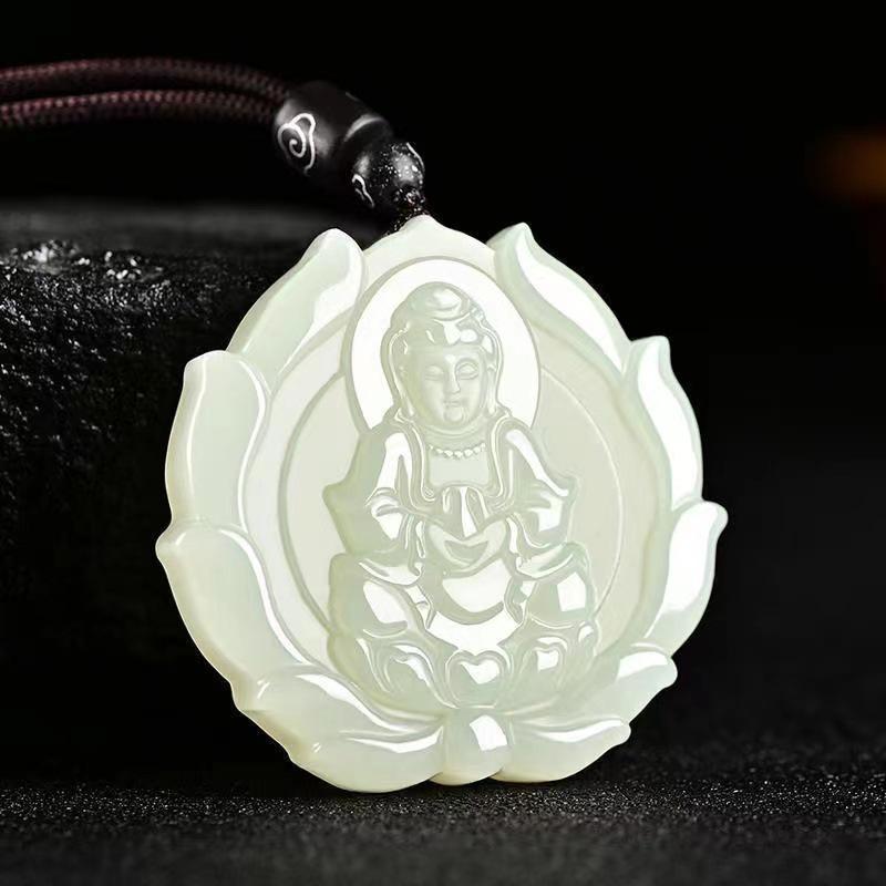 Unisex Imitation Hetian Jade Guanyin Pendant with Lotus Design - Hanging Ornament Gift