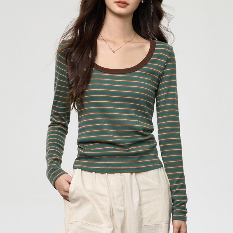 Women Striped Colorblock Round Neck Long Sleeve Cotton Bottoming T Shirt Top