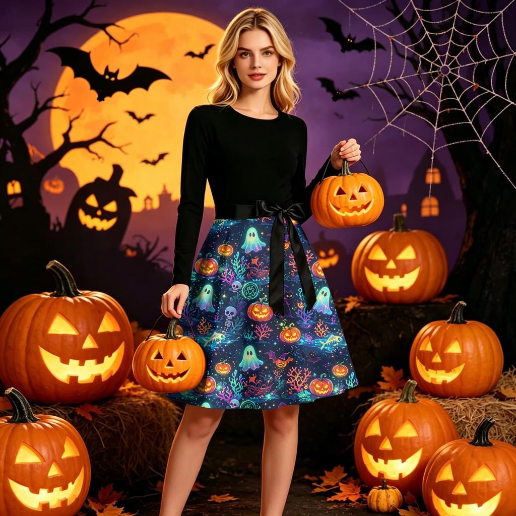 Women's Halloween Printed Long Sleeve Dress Round Neck Casual Dress