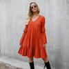 Above Knee Women Spring Summer Bohemian Holiday Dress Straight V-Neck High Loose Waist Full Sleeve Big Swing Ruffle Solid Color M-3XL