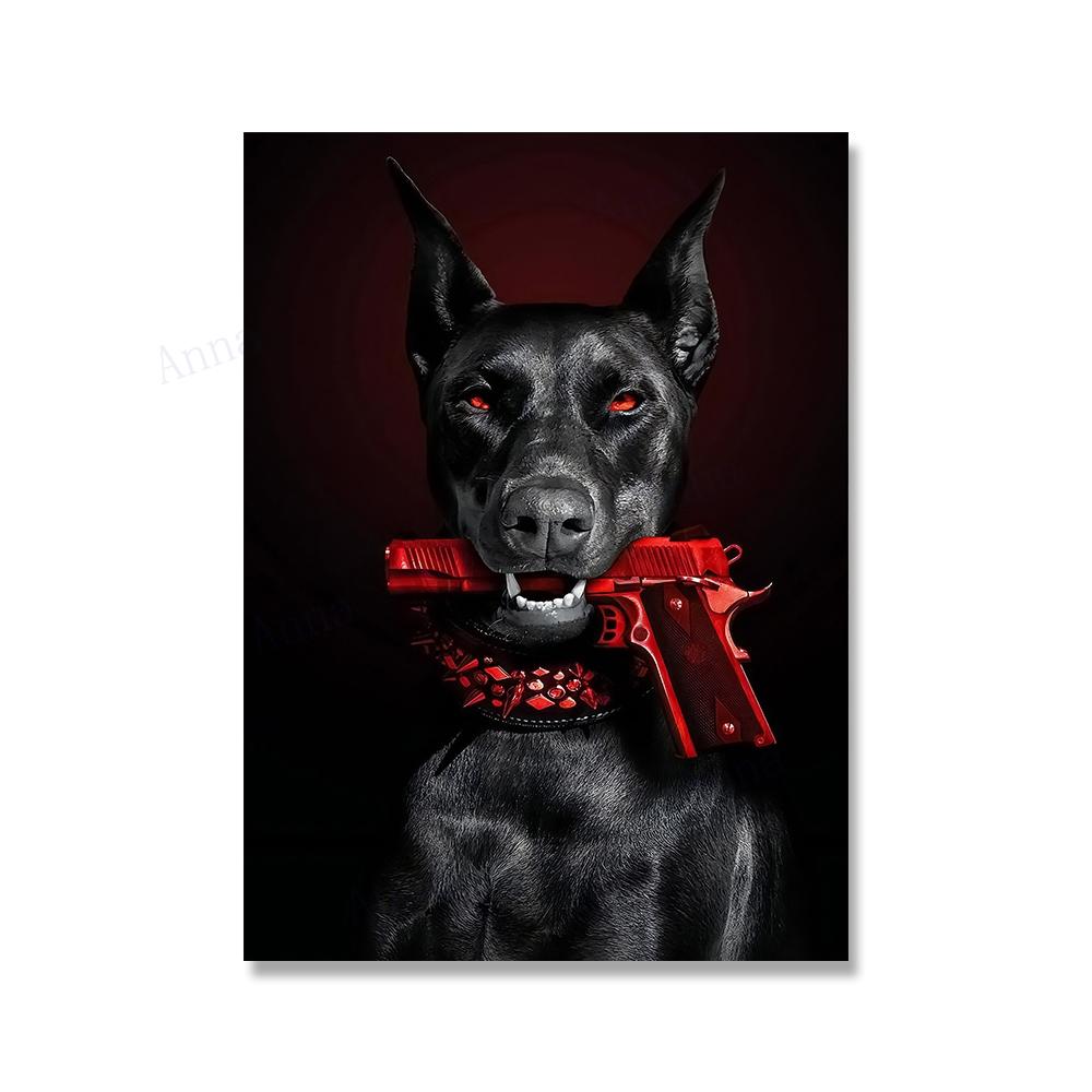 

Модный постер Доберман-пинчер с собакой и принтами из красного пистолета, настенное искусство, мотивационный успех, холст, картина, офисная настенная живопись 21x30cm No Framed