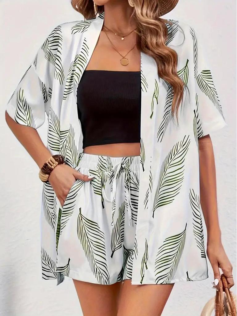 2025 Cross-Border Hot-Selling Elegant Vacation Print Two-Piece Set: Short Sleeve Shirt & High-Waist Tie Shorts
