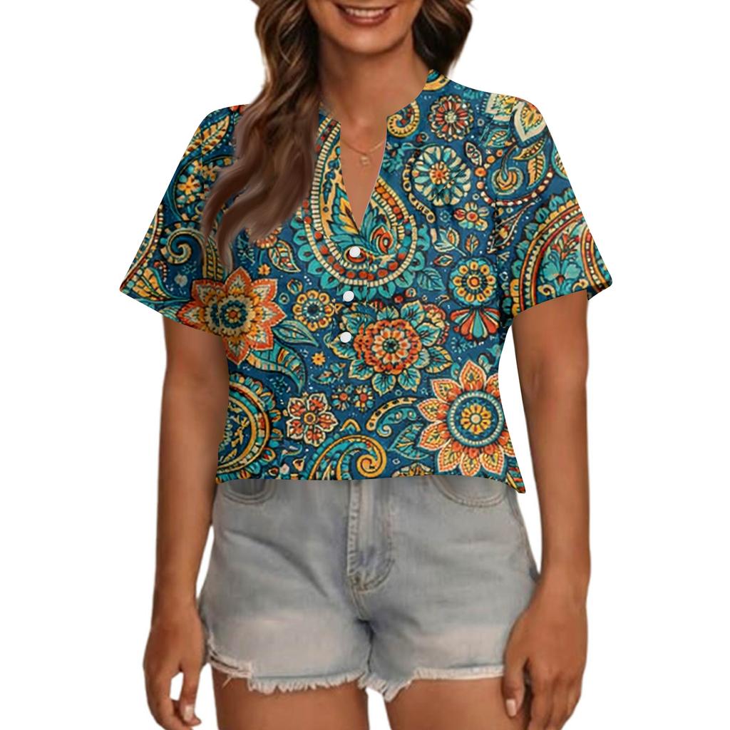 Women's Fashionable Casual V Neck Button Up Oversized Short Sleeve Printed Top