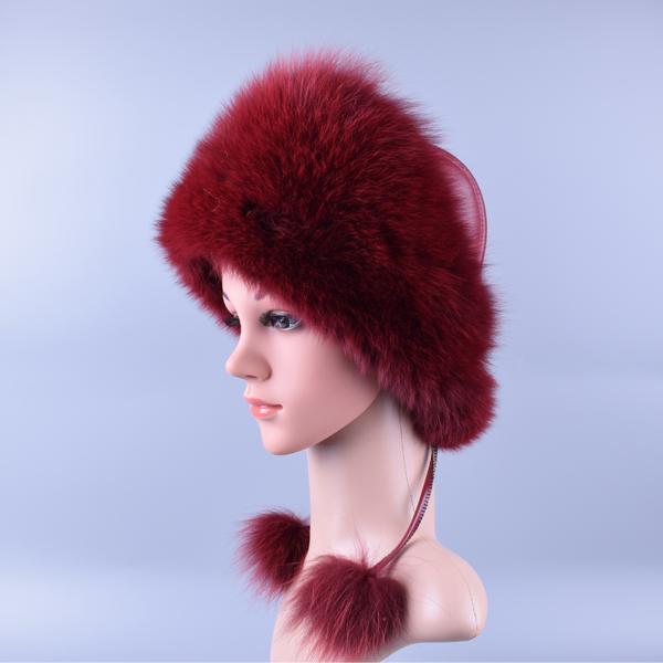 Real Fox Fur Bomber Hat for Women with Leather Thick Warm Sheepskin 56-60cm Lady Winter Caps