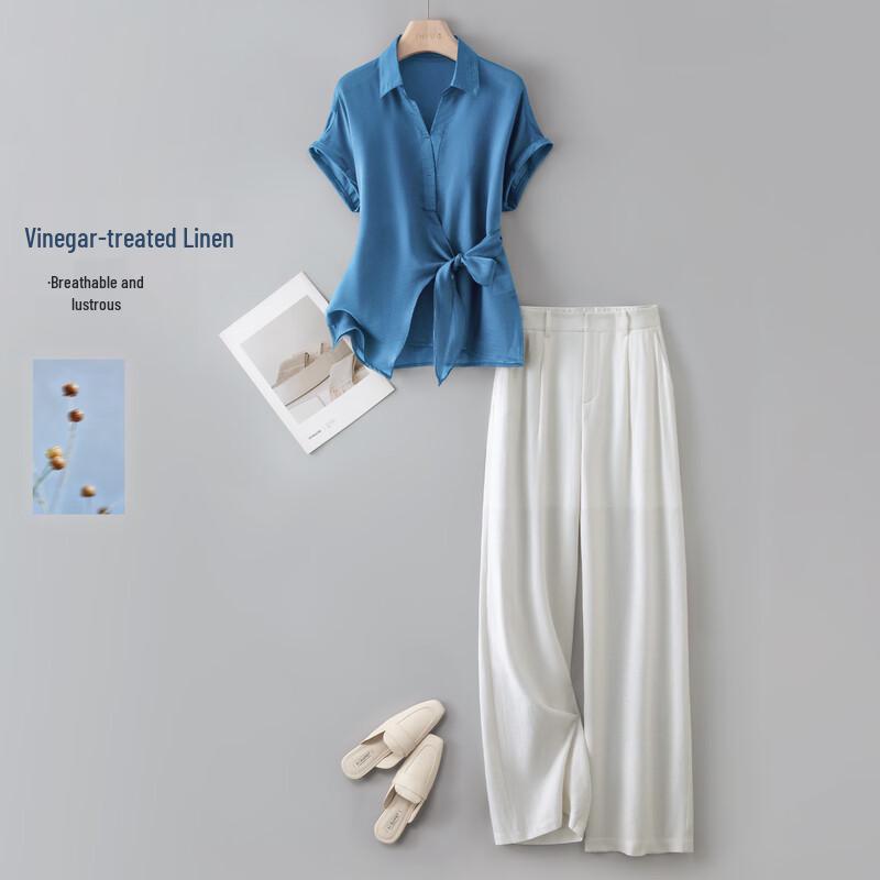 IHIMI Tencel Acetate Strap Design Short Sleeve Shirt Set L