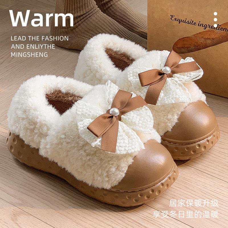 Winter neu Spitze Schleife Samt verdickt warm Baumwolle Hausschuh Baumwollpantoffeln