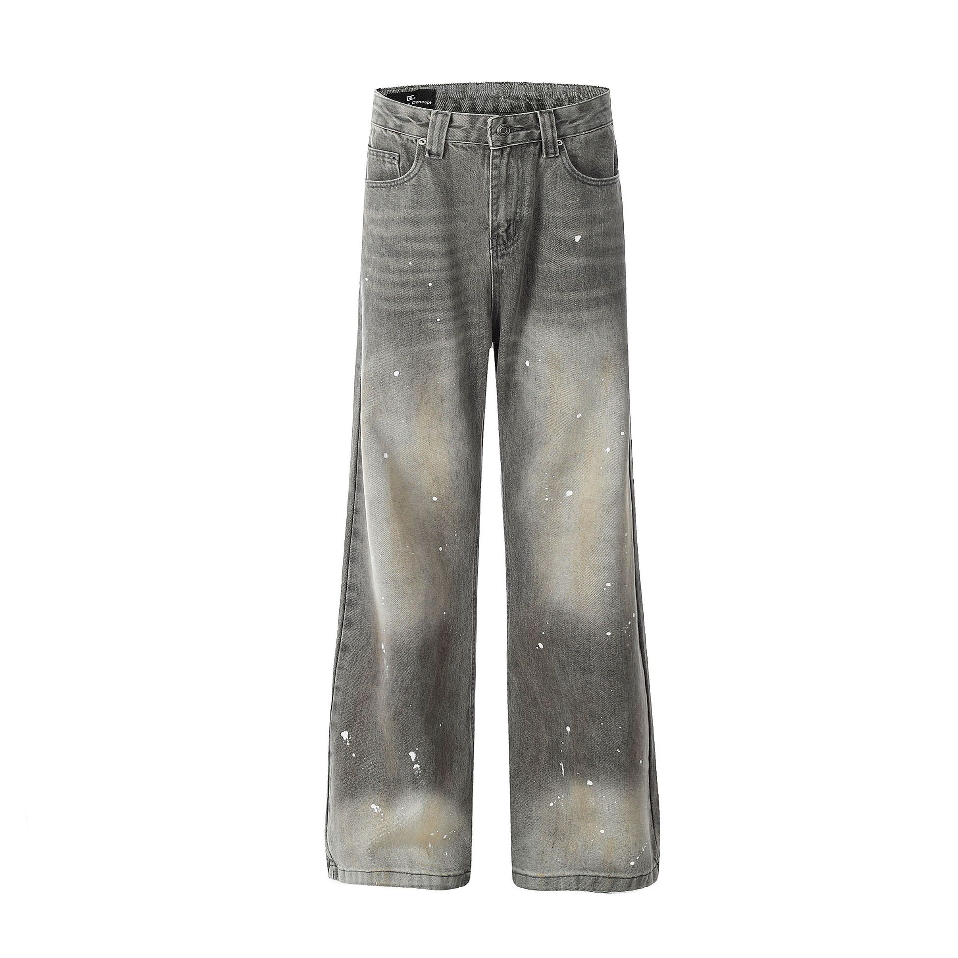 Trendy brand American retro inkjet washed jeans straight tube personalized cleanfit trousers men S