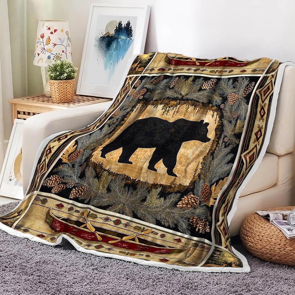 Rustic Throw Blankets, Brown Cabin Country Antique Bear Moose Forest Vintage Wood Cozy Warm Bed Couch Blanket, Farmfouse Loge Hu