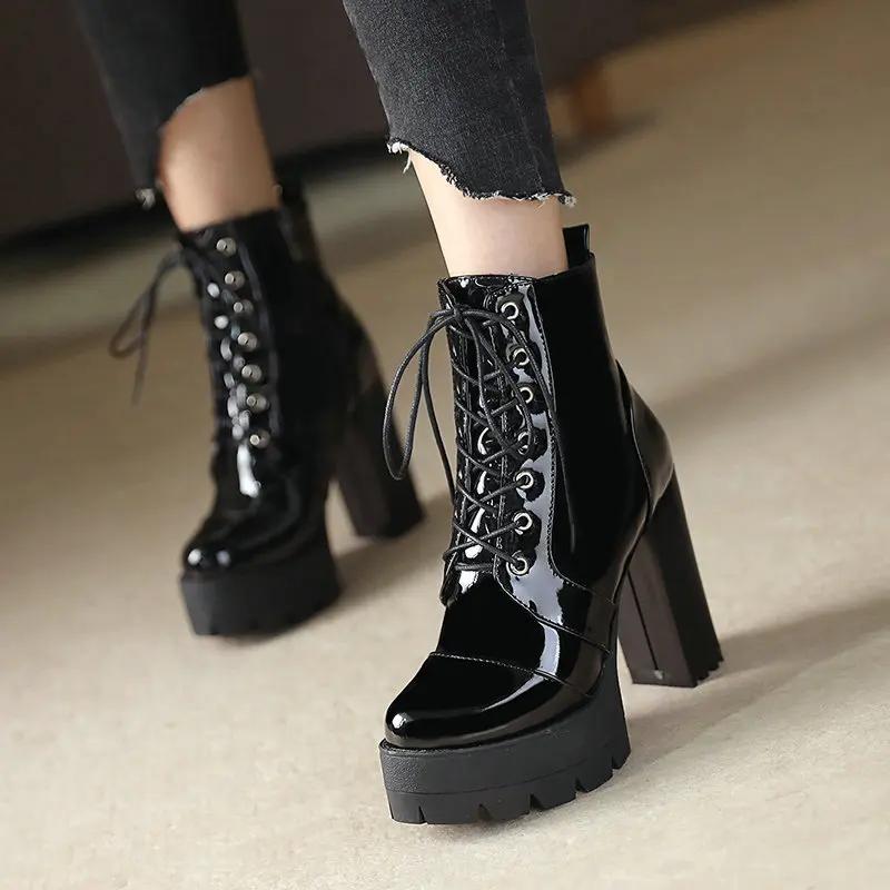 Fashion Autumn winter super high heel short boots women's thick heel waterproof platform lace up boots patent leather high heel shoes