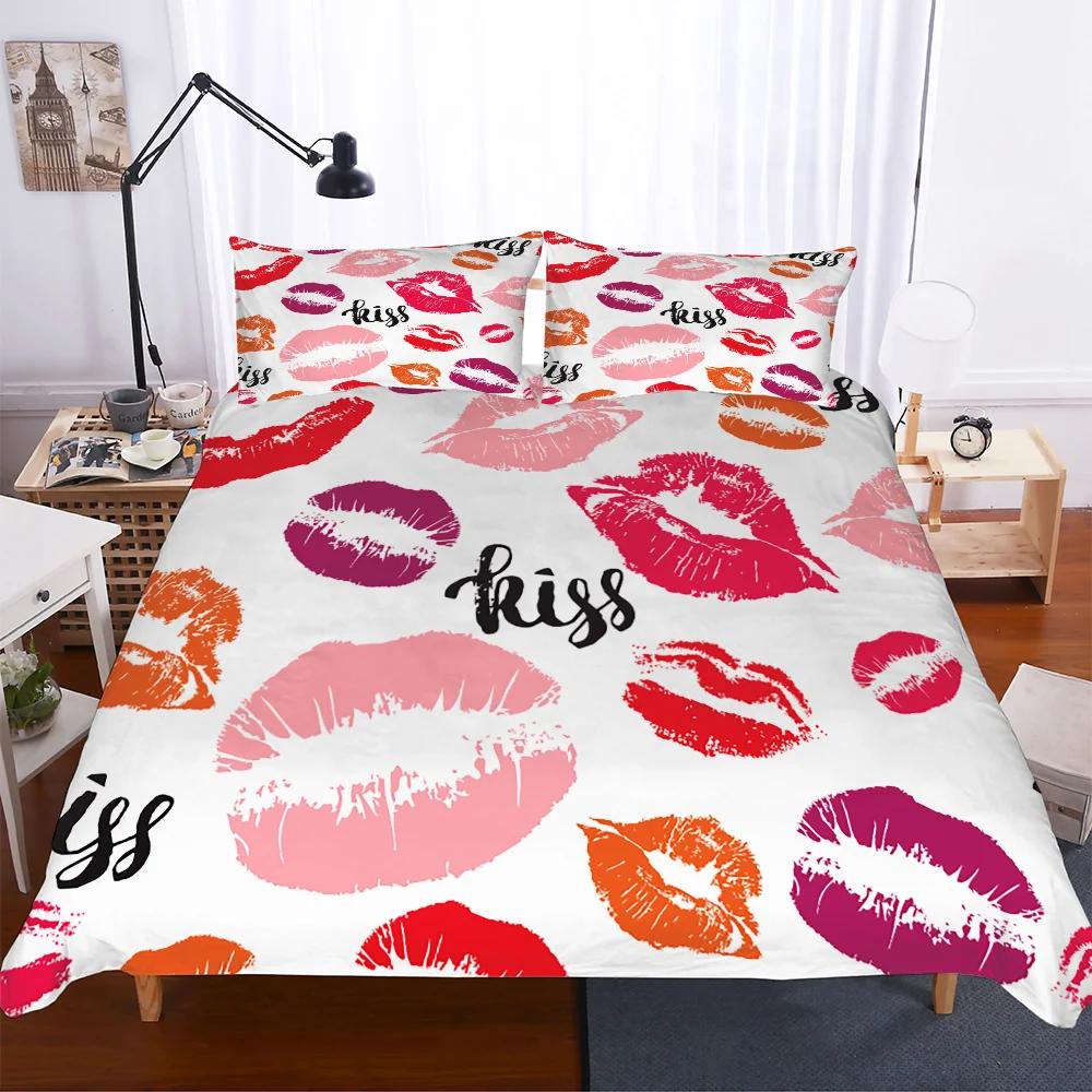 Rote Lippen Königin King Bettbezug 3D Sexy Lippen Himbeere Bettwäscheset für Mädchen Frauen Kuss Pink Weich 2/3-teilig Bettdeckenbezug Kissenbezug