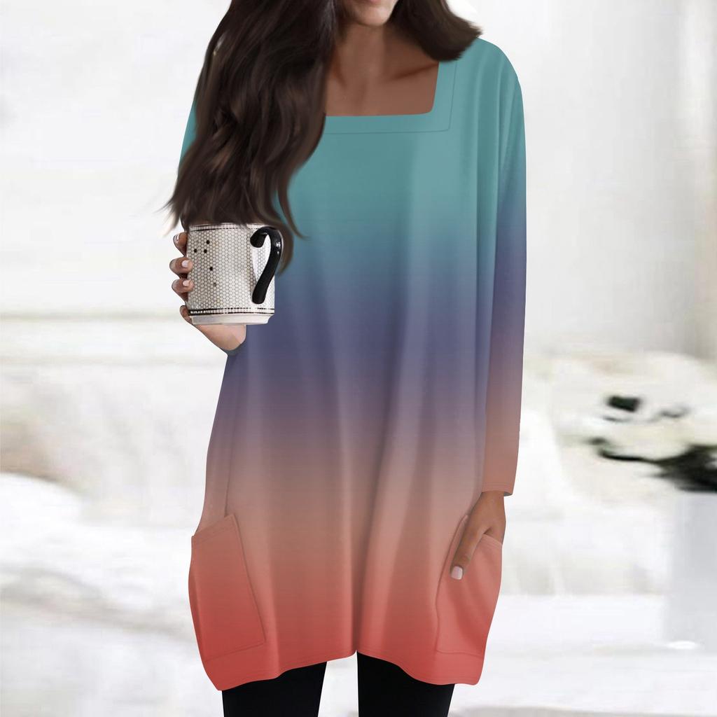 Womens Tops Square Collar Long Sleeve Blouses Casual Mid-length Shirts Fashion Print Tunic Tops With Pockets
