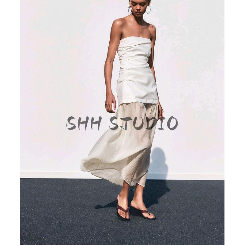 Spring and Summer New Women's Clothing French Evening Dress Pleated Decoration Stitching Tube Top Midi Skirt Dress 3152373