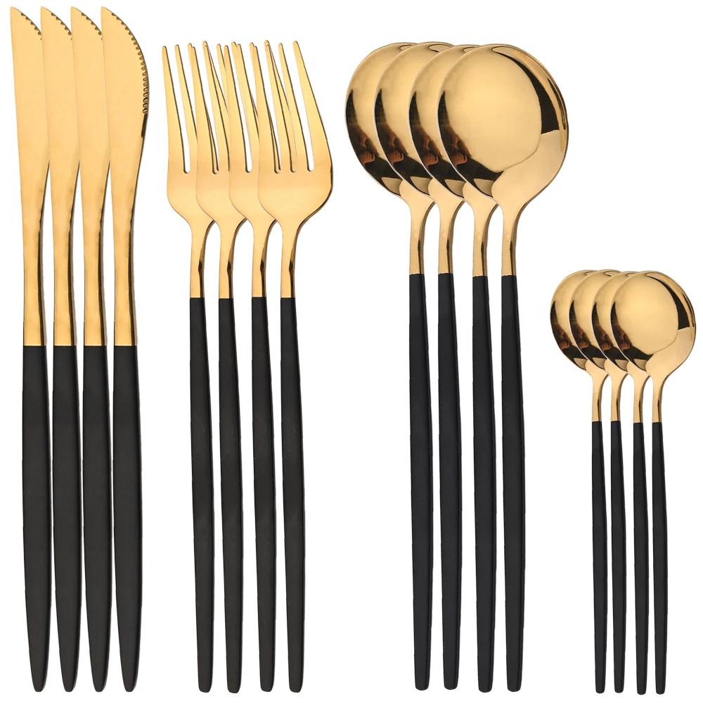 16Pcs Gold Dinnerware Stainless Steel Cutlery Set Kitchen Mirror Flatware Knife Fork Coffee Spoon Kitchen Home Tableware Set
