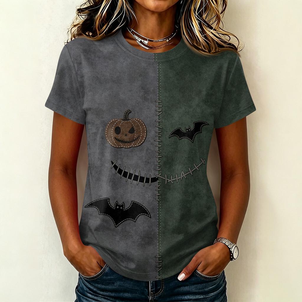 Women Casual Short Sleeve Pullover T Shirt Halloween Print Top Crew Neck Stitch Design Lightweight Soft Fabric Relaxed Fit