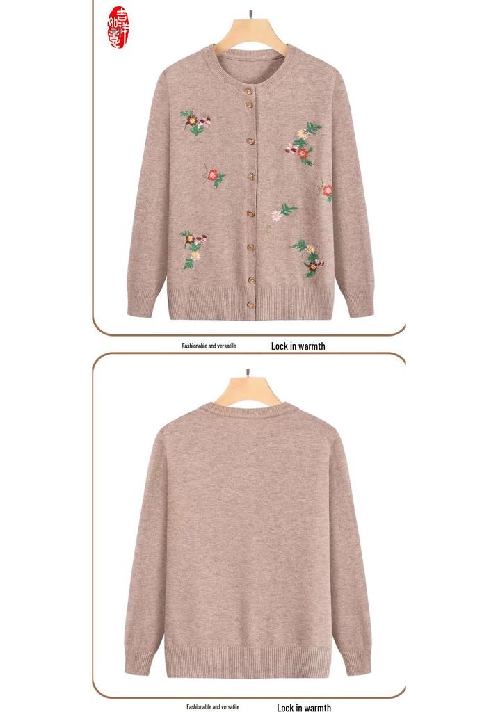 Grandma's Embroidered Knitted Cardigan for Middle-Aged and Elderly Ladies - Spring/Autumn Sweater Jacket for Women.