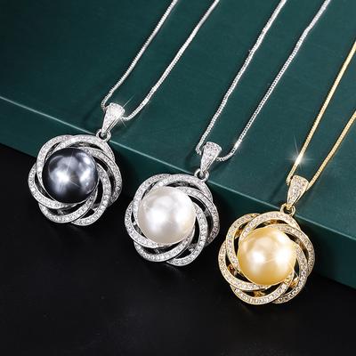Jewelry Copper Plated Real Gold Inlaid Fritillary Pearl Lace Temperament Diamond Inlaid Pendant Necklace 14Mm