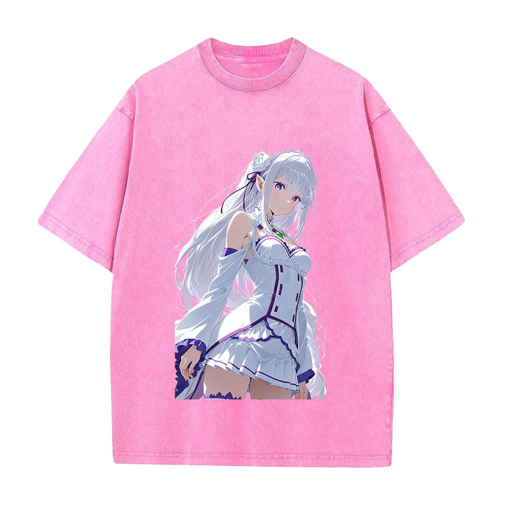 Manga Re ZERO Starting Life in Another World Emilia Printed Tee Men Women Washed Cotton T-shirt Vintage T Shirt Harajuku Tshirt
