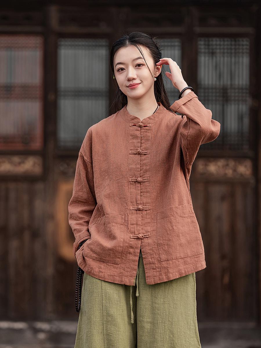 

Женская весенняя льняная рубашка и кардиган: Тайцзи костюм в китайском стиле, двубортный One Size