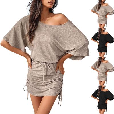 Sommer Neue Casual Schräg Schulter Kragen Dünnes Kleid Kordelzug Hüfte Rock Kurzen Rock