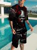 Dark Gothic Men's Set: Skull and Red Rose Print Short Sleeve Shirt and Shorts, Outdoor Street Cool Casual 2pcs Outfit