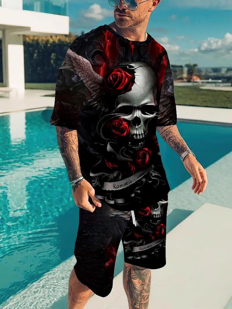Dark Gothic Men's Set: Skull and Red Rose Print Short Sleeve Shirt and Shorts, Outdoor Street Cool Casual 2pcs Outfit